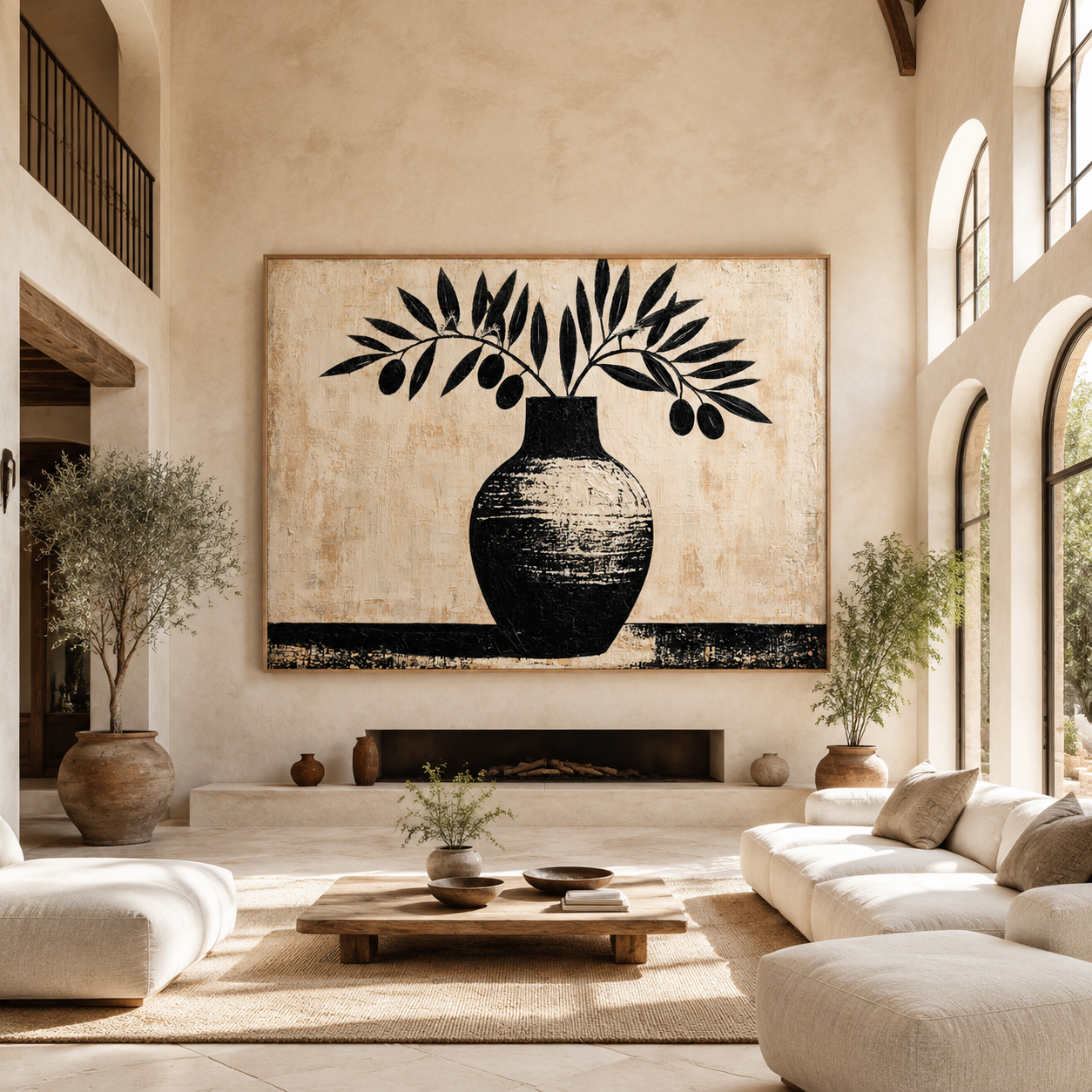 Aegean Grove olive branch painting canvas print above a wooden sideboard in a warm dining room