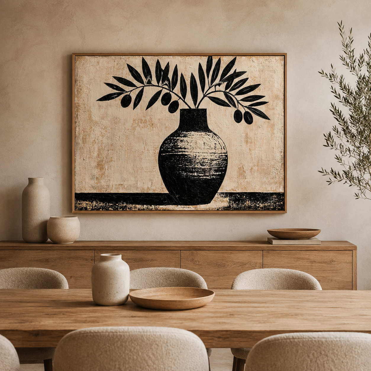 Aegean Grove olive branch painting canvas print above a fireplace in a tall Mediterranean-style living room