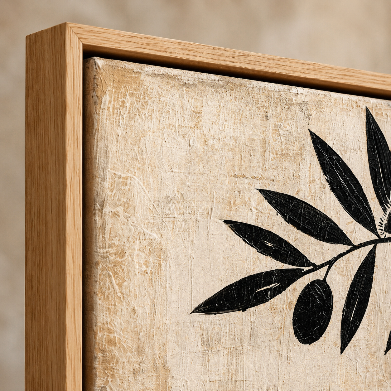 Close-up detail of the oak floater frame and textured canvas on Aegean Grove olive branch painting