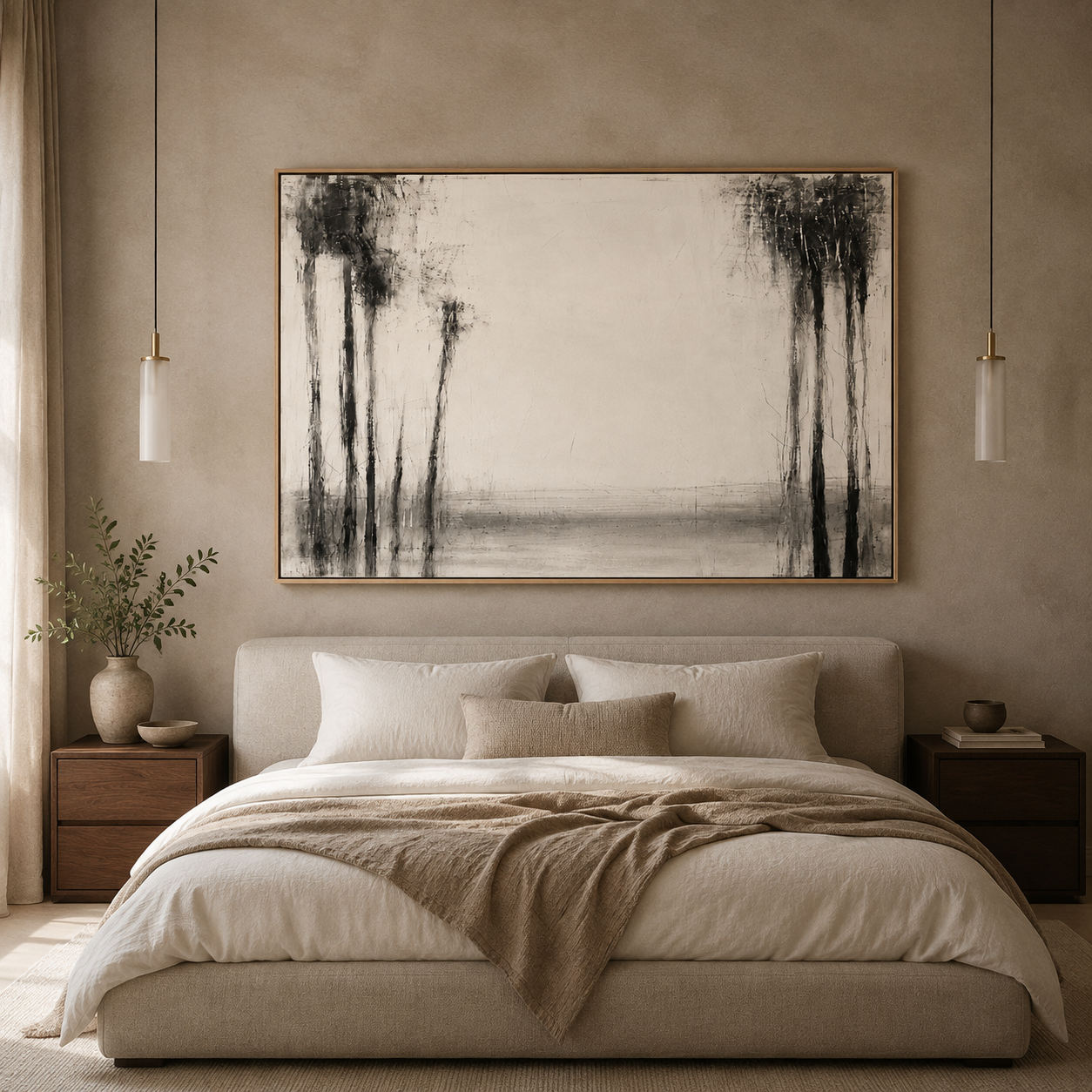 Abstract tree painting above a camel leather sofa in a contemporary living room – Winter Grove by Rossetti Art