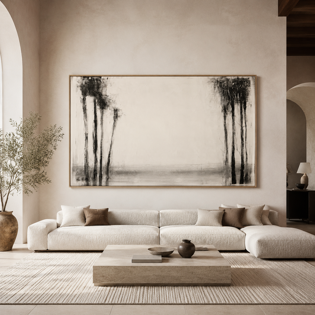 Abstract tree painting hung above a bed in a warm neutral bedroom – Winter Grove by Rossetti Art