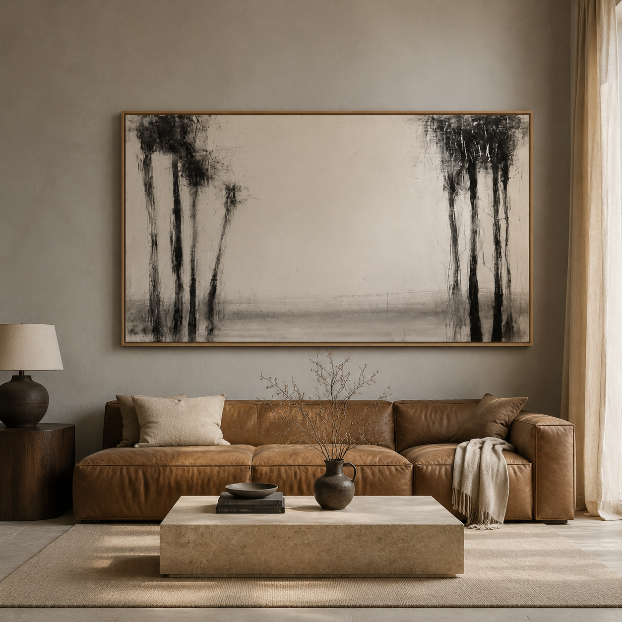 Close-up detail of the textured brushwork and oak float frame on Winter Grove by Rossetti Art