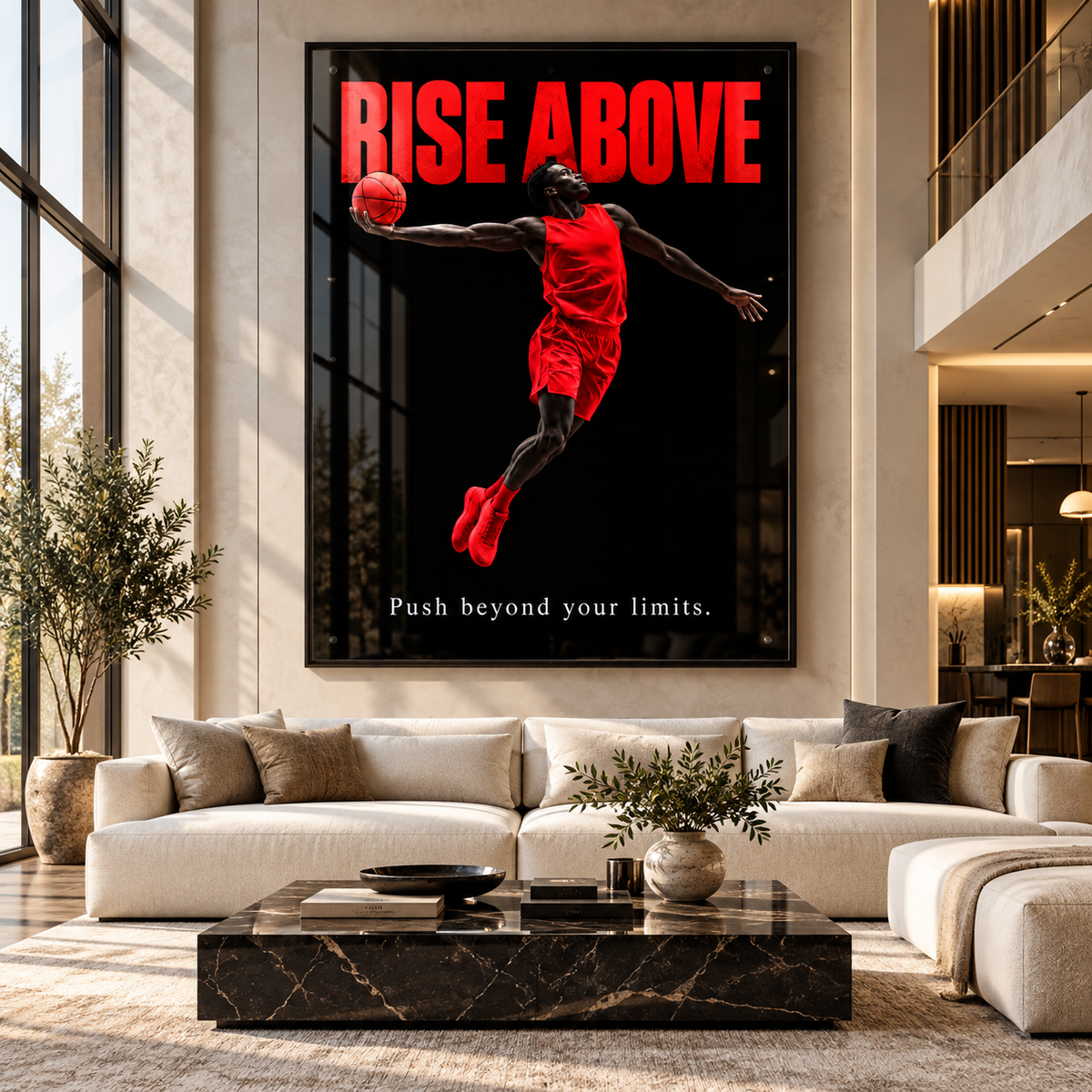 Basketball Wall Art – Rise Above acrylic print in black frame above a living room sofa