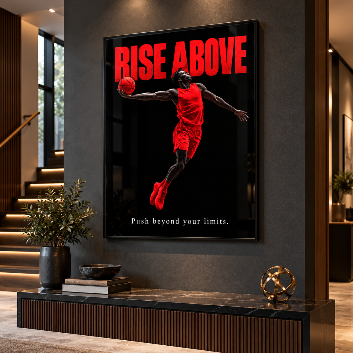 Basketball Wall Art – Rise Above acrylic print in black frame above an entryway console table