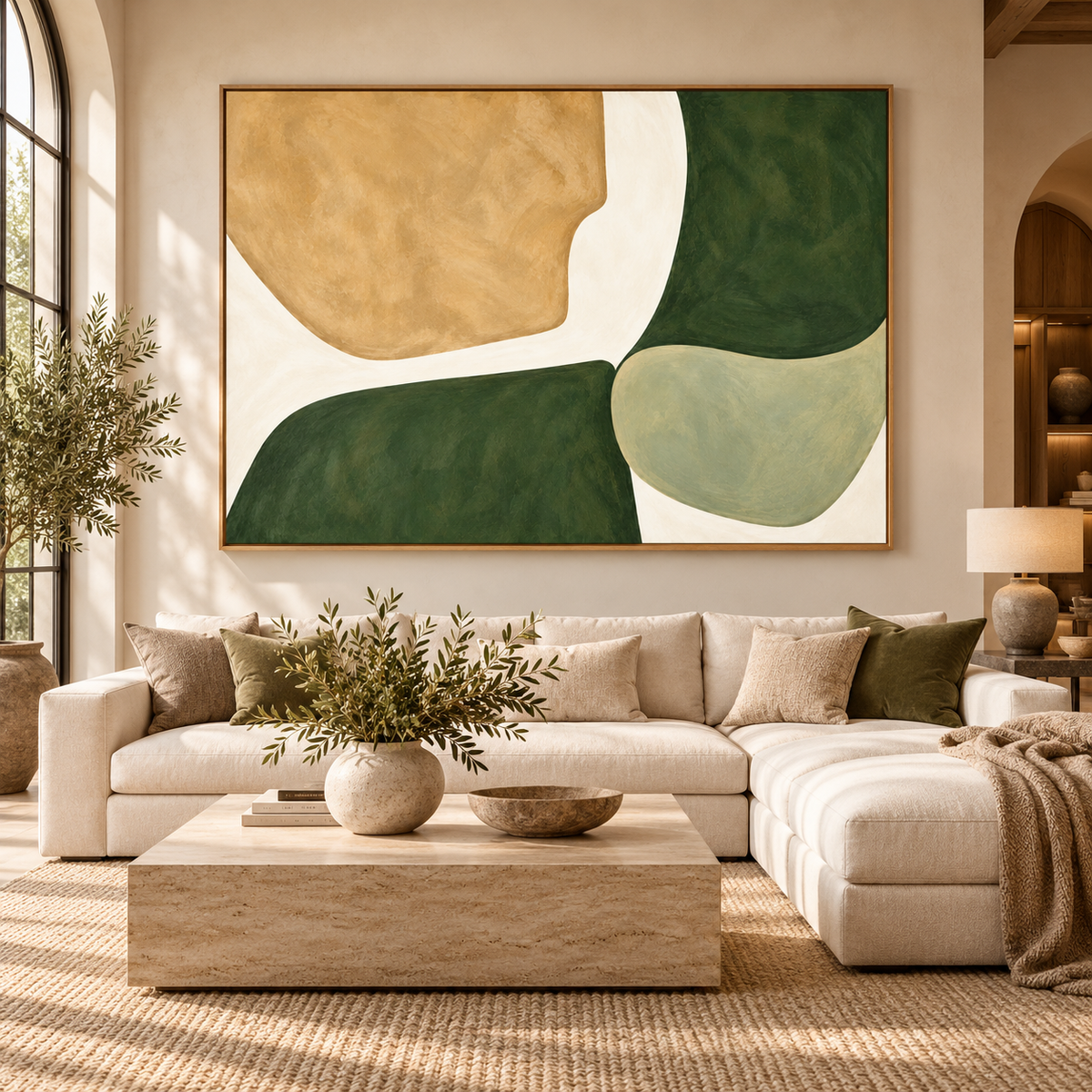Mustard and green wall art canvas print with hardwood floater frame in a modern living room – Terra Forms by Rossetti Art