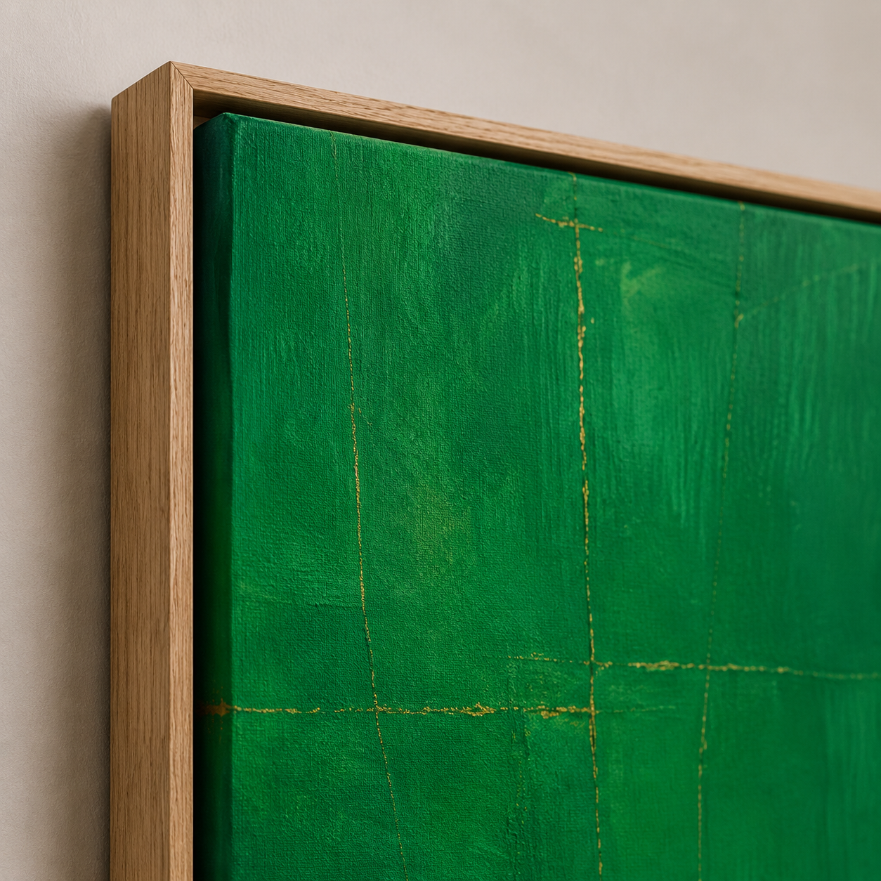 Detail of malachite painting gold fracture lines in an oak floater frame – Malachite Drift by Rossetti Art