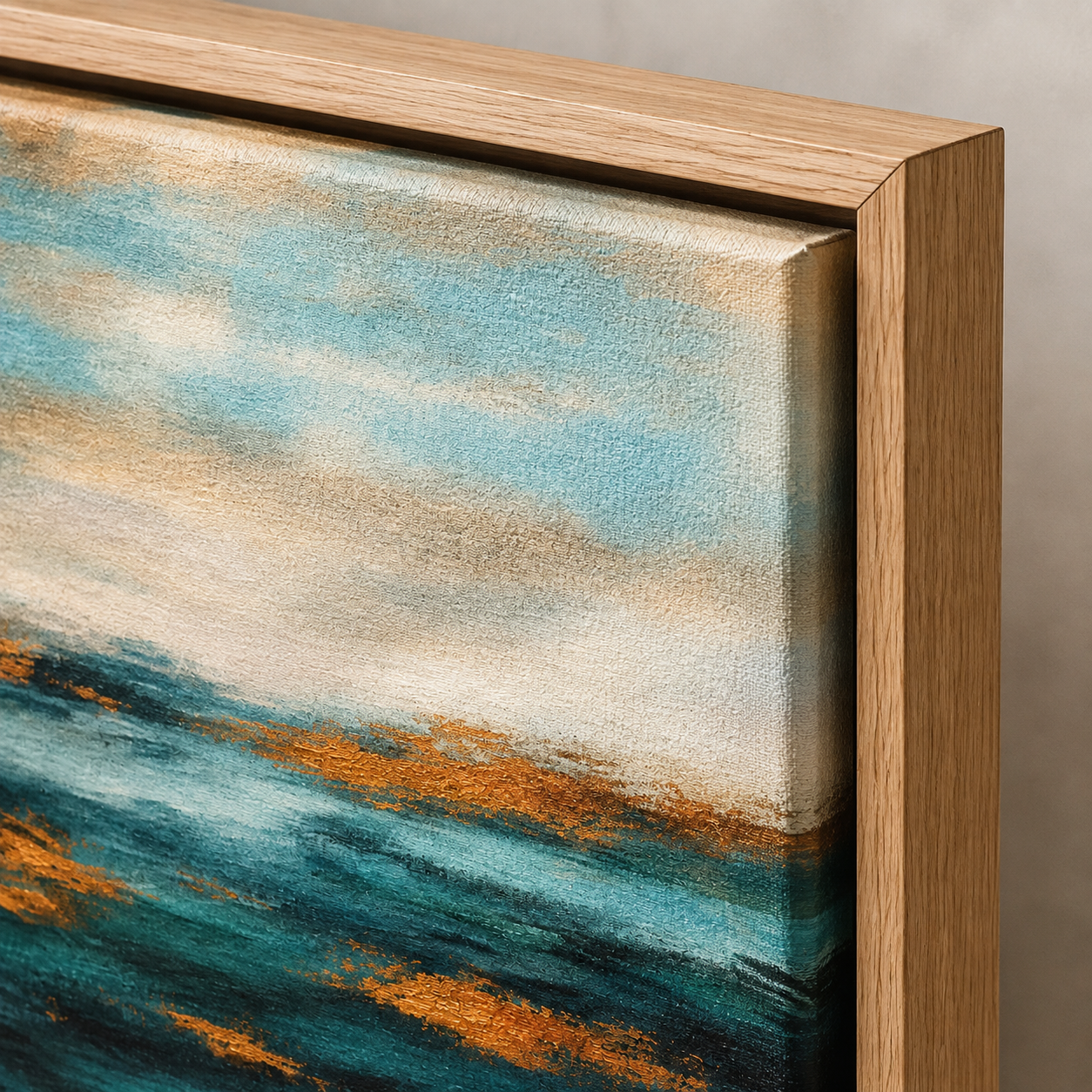 Detail of abstract ocean wall art gold leaf texture in an oak floater frame – Golden Tide by Rossetti Art