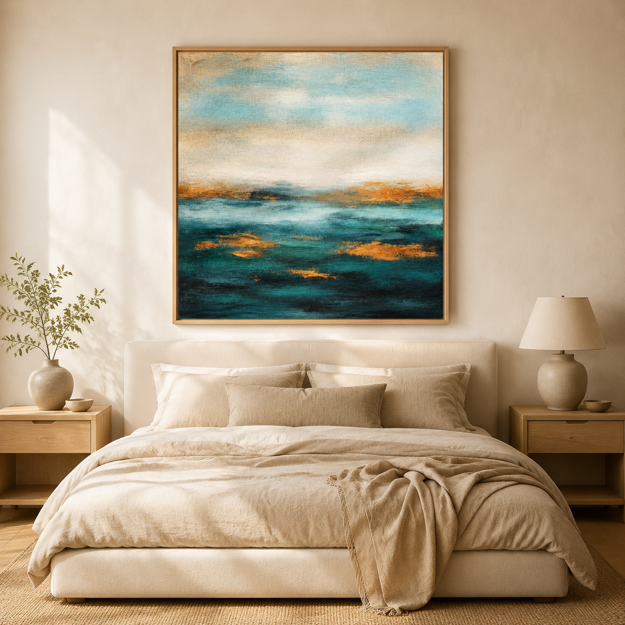 Abstract ocean wall art above a bed in a neutral bedroom – Golden Tide by Rossetti Art