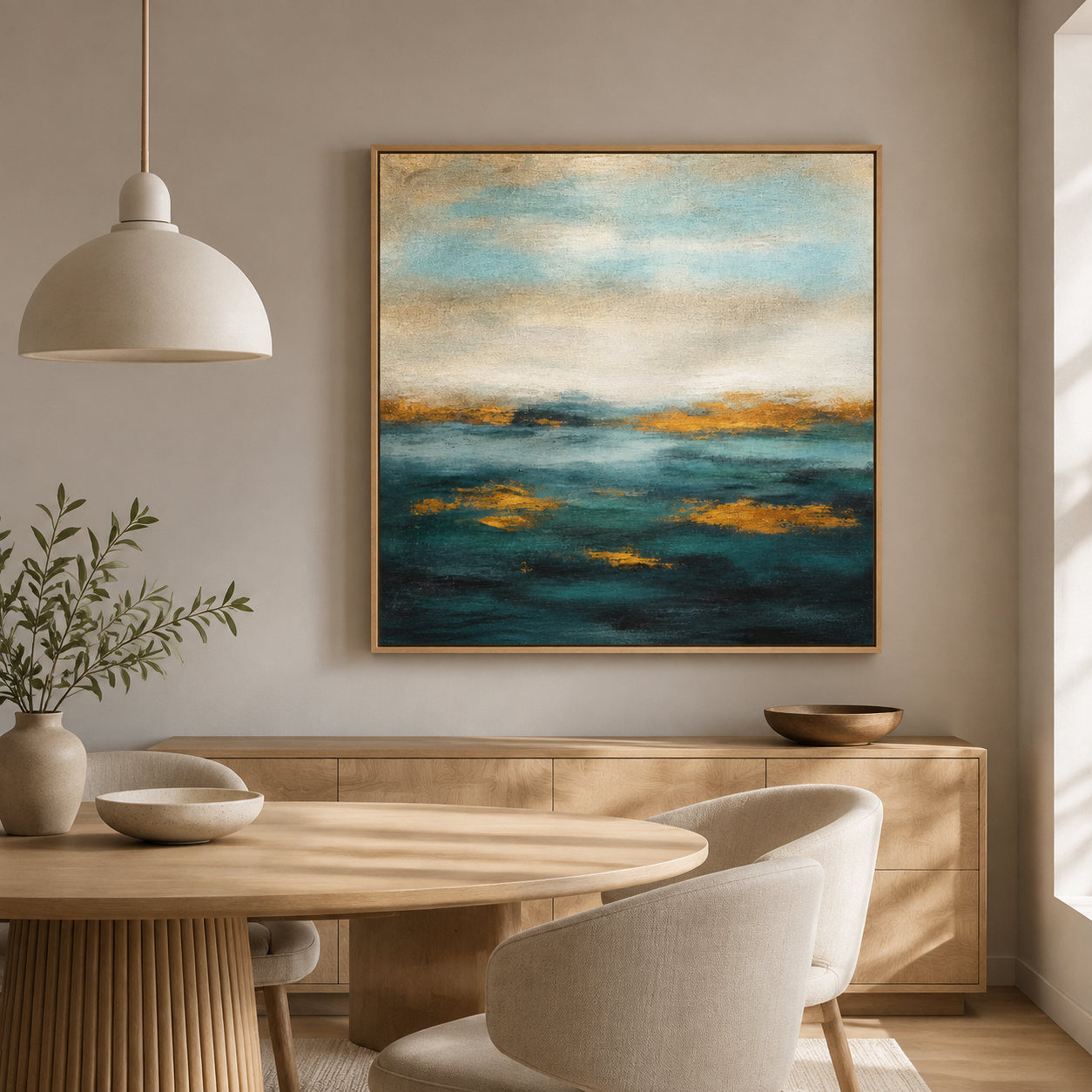 Abstract ocean wall art above a sideboard in a dining room – Golden Tide by Rossetti Art