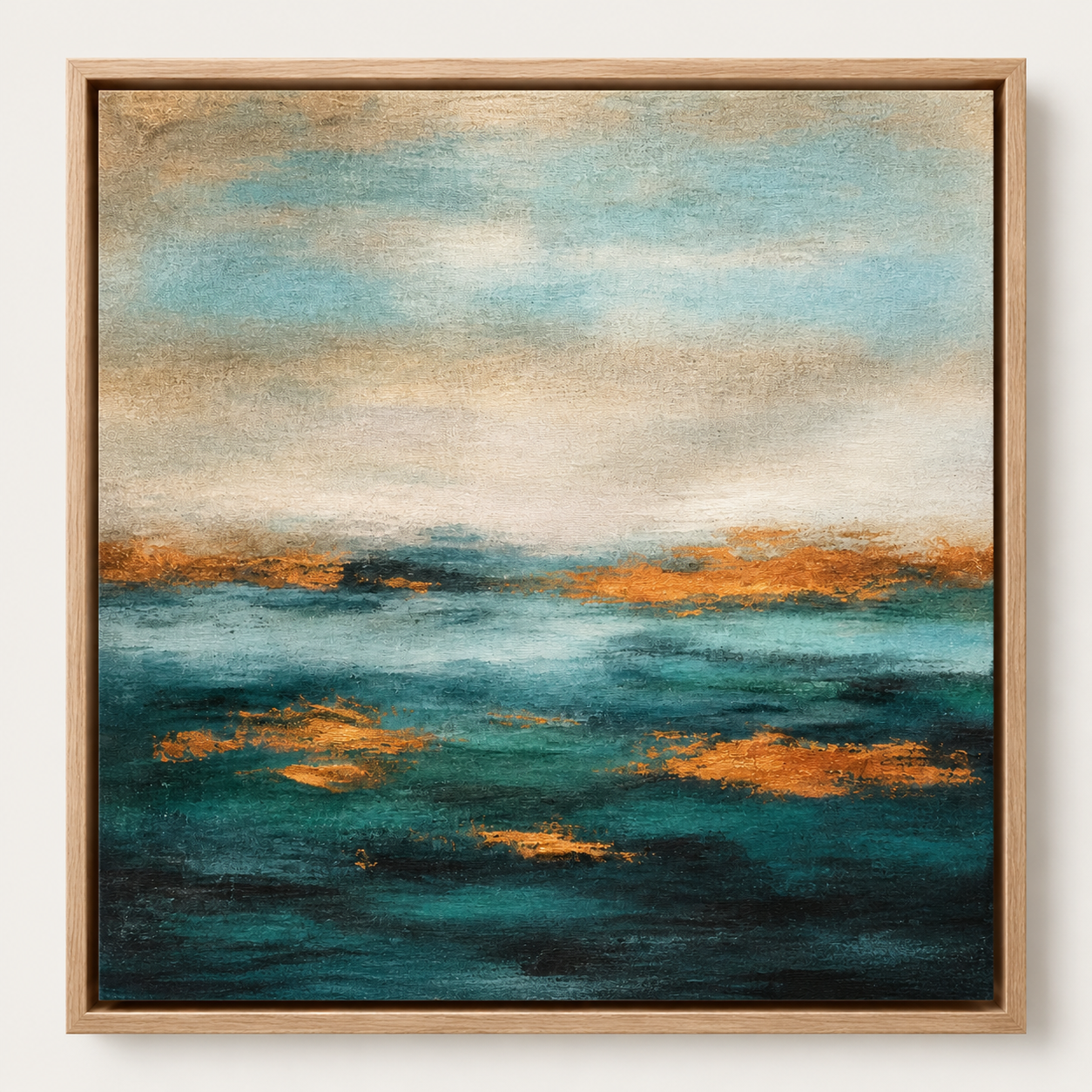 Abstract ocean wall art in an oak floater frame – Golden Tide by Rossetti Art