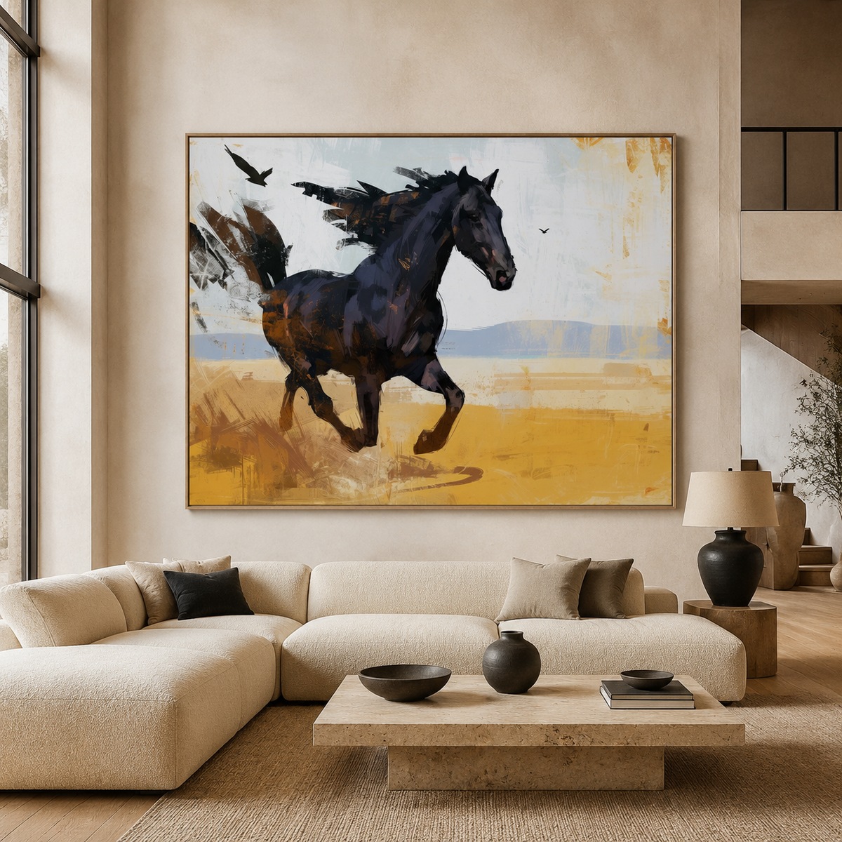 Running horse painting, Midnight Gallop, displayed above a sofa in a modern living room
