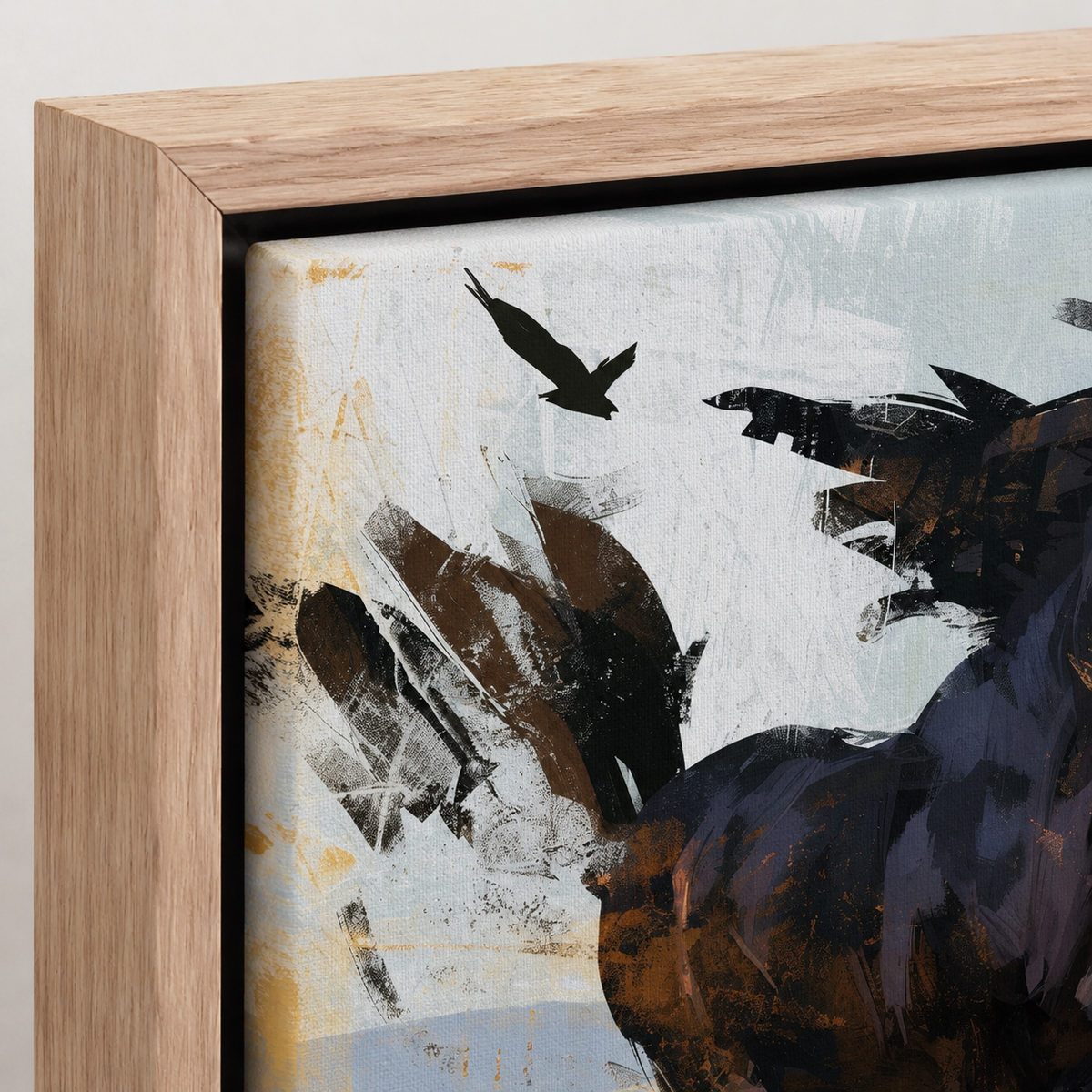 Close-up detail of the black horse painting in an oak floater frame