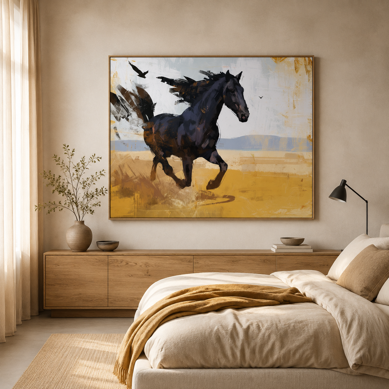 Black horse painting hung above a bed in a warm, neutral bedroom