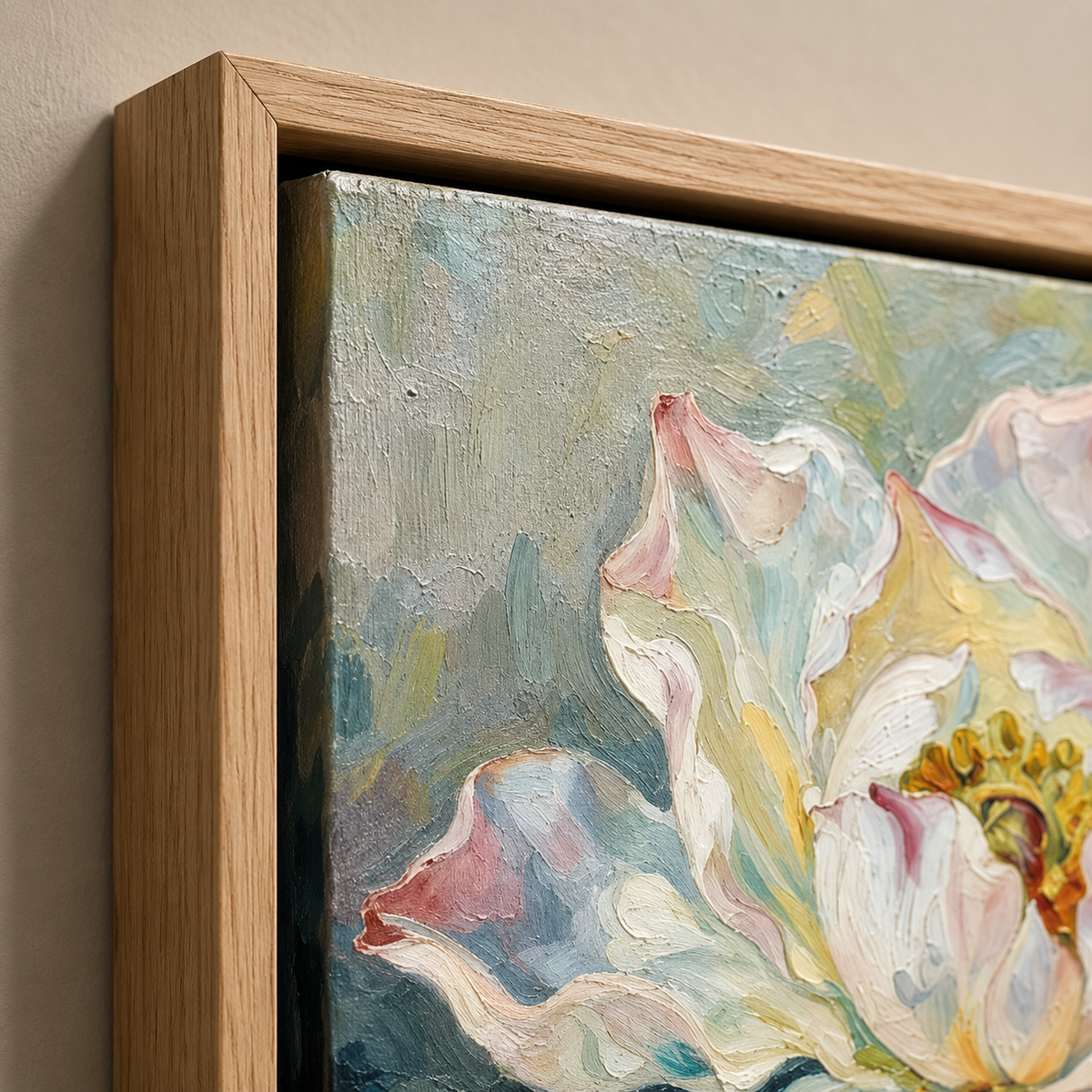 Close-up of impasto brushwork and frame detail – Peony painting Bloom in Bloom by Rossetti Art