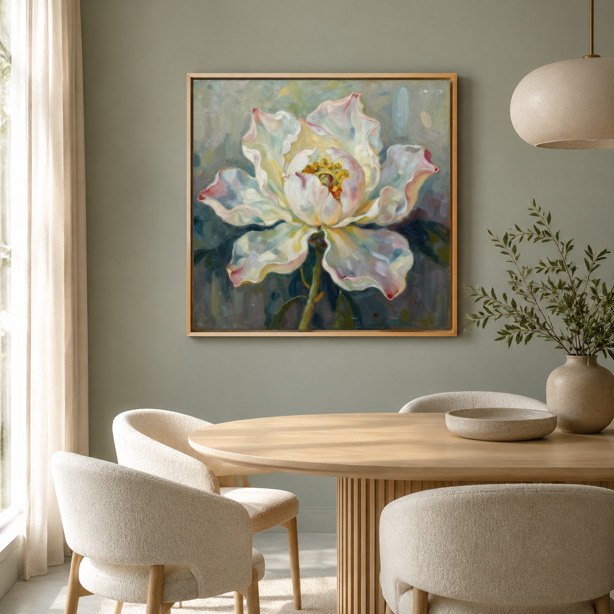 Peony painting canvas print in a dining room – Bloom in Bloom by Rossetti Art