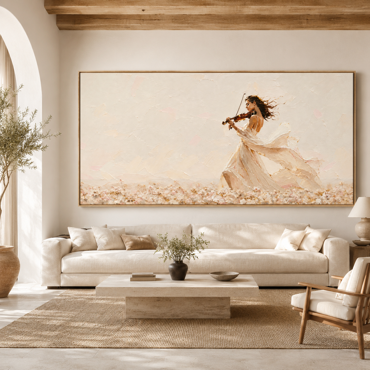 Violin painting displayed above a sofa in a neutral living room – Windswept Serenade by Rossetti Art