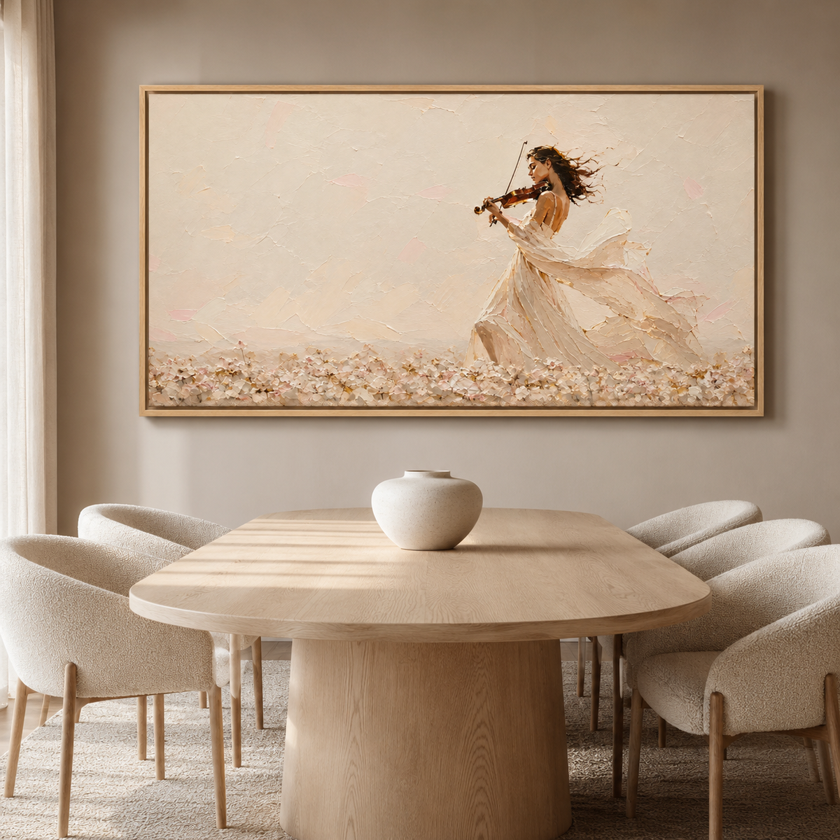 Violin painting as a dining room centerpiece above a wood table – Windswept Serenade by Rossetti Art