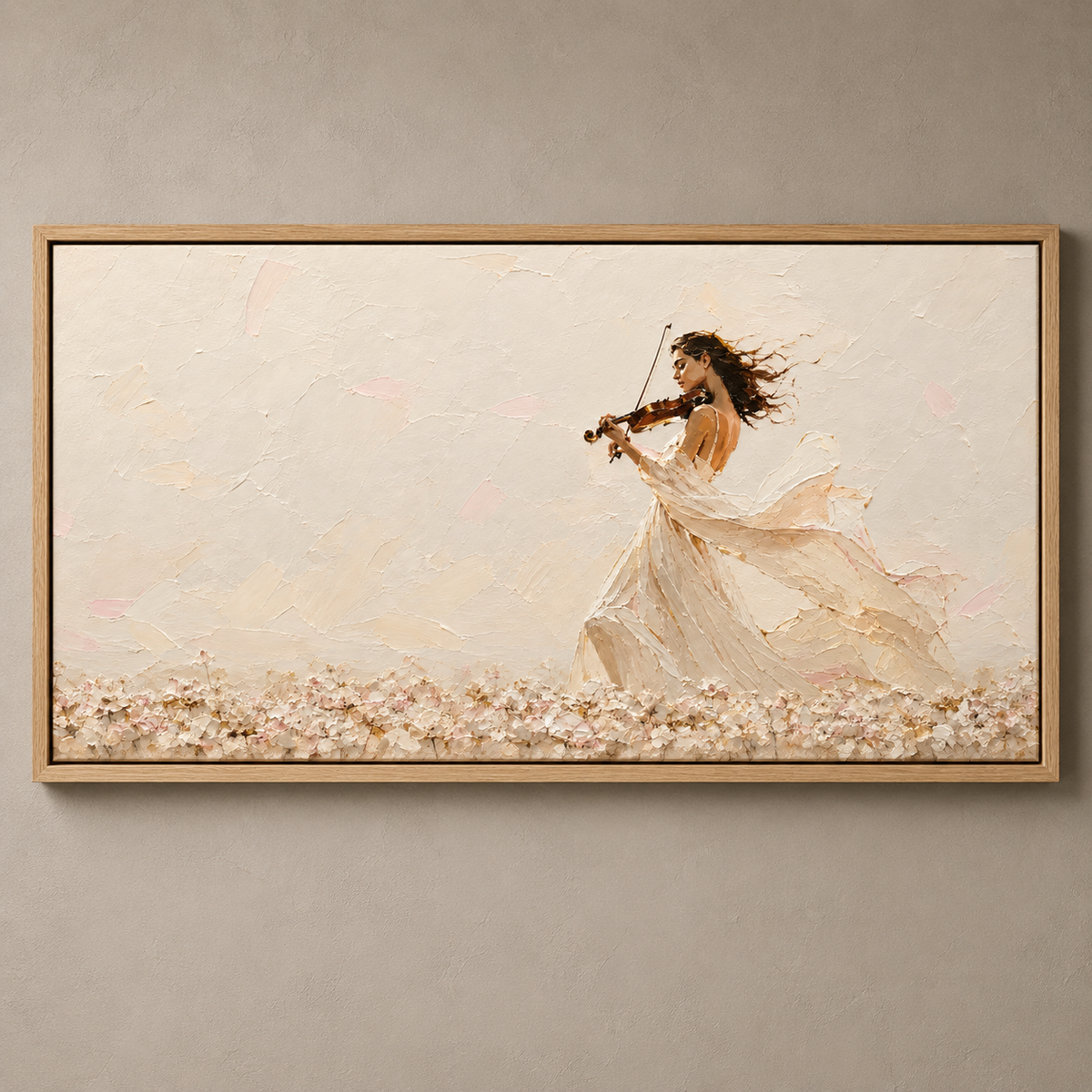 Violin painting of a woman playing violin in a flower field – Windswept Serenade by Rossetti Art