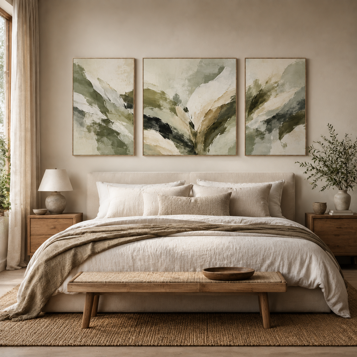 Sage green abstract art canvas set styled above a living room sofa – Quiet Canopy by Rossetti Art