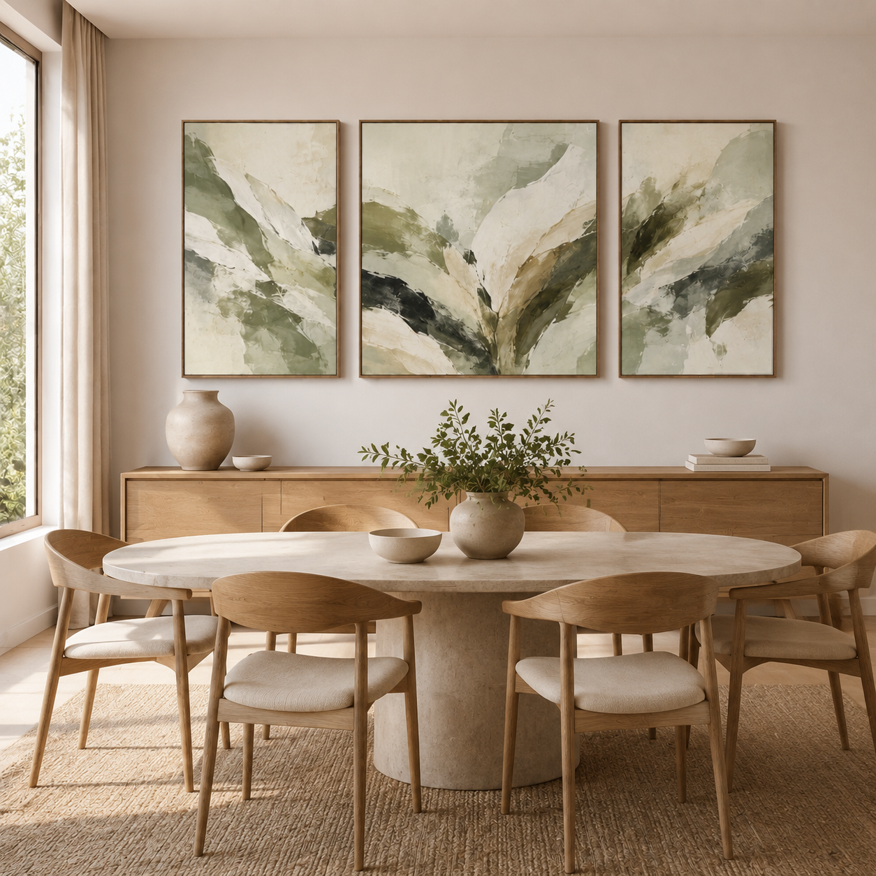 Sage green abstract art canvas set in a dining room above a console – Quiet Canopy by Rossetti Art