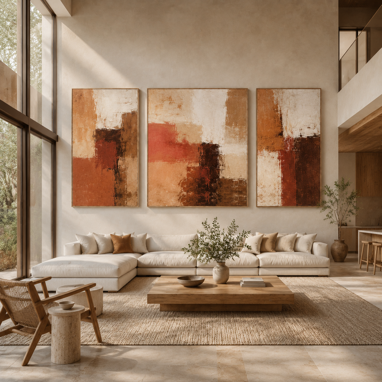 Rust wall art canvas set styled above a living room sofa – Amber Divide by Rossetti Art