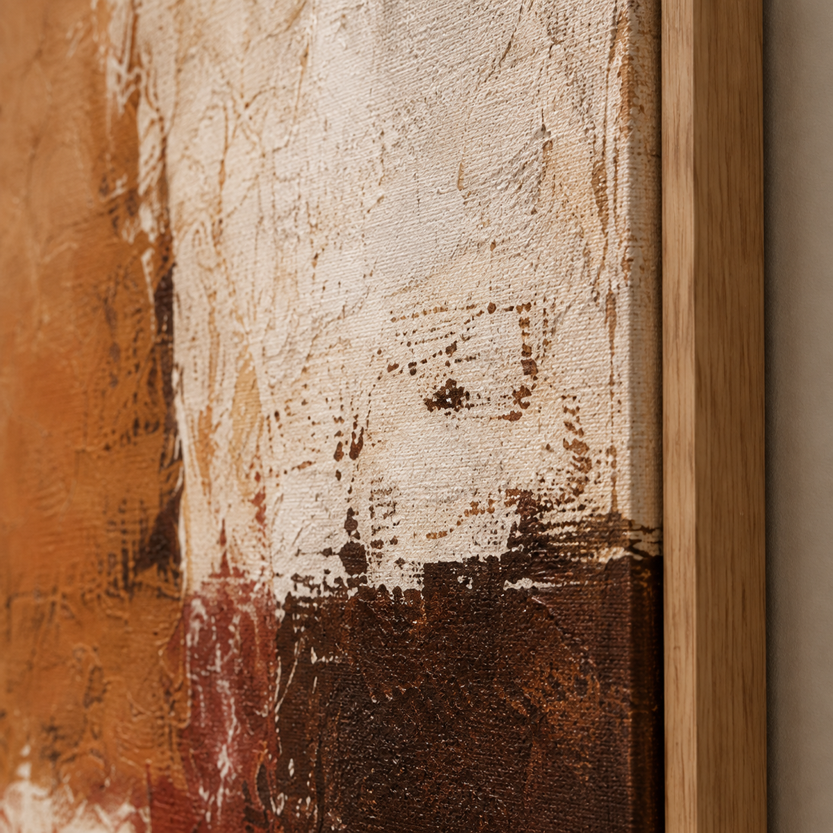 Close-up detail of palette-knife texture on Amber Divide rust wall art canvas, oak floater frame