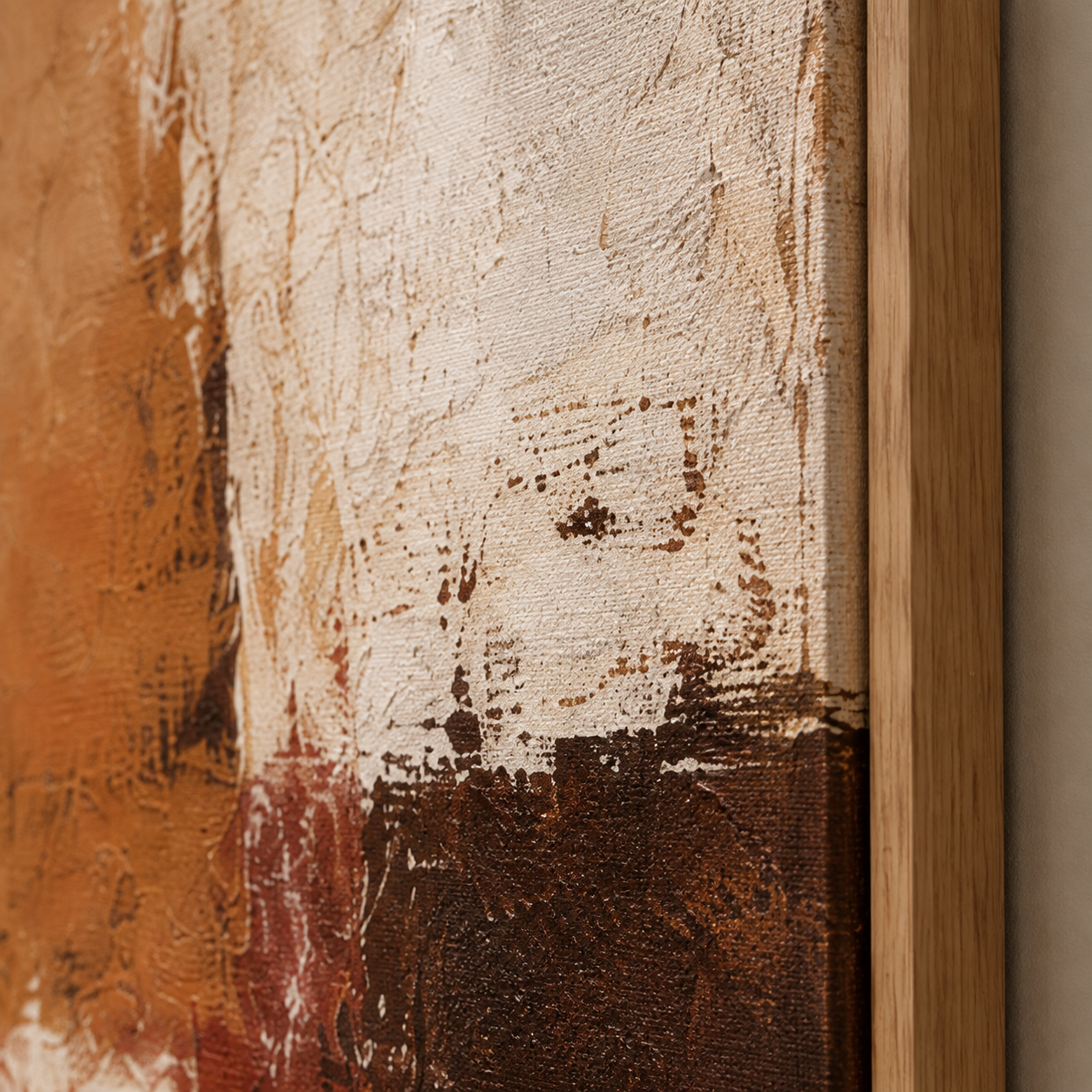 Close-up detail of palette-knife texture on Amber Divide rust wall art canvas, oak floater frame