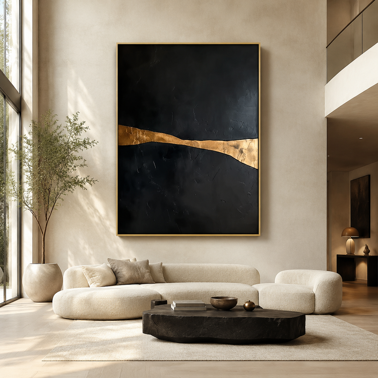 Golden Fault Line abstract landscape painting above a sofa in a sunlit living room – Rossetti Art