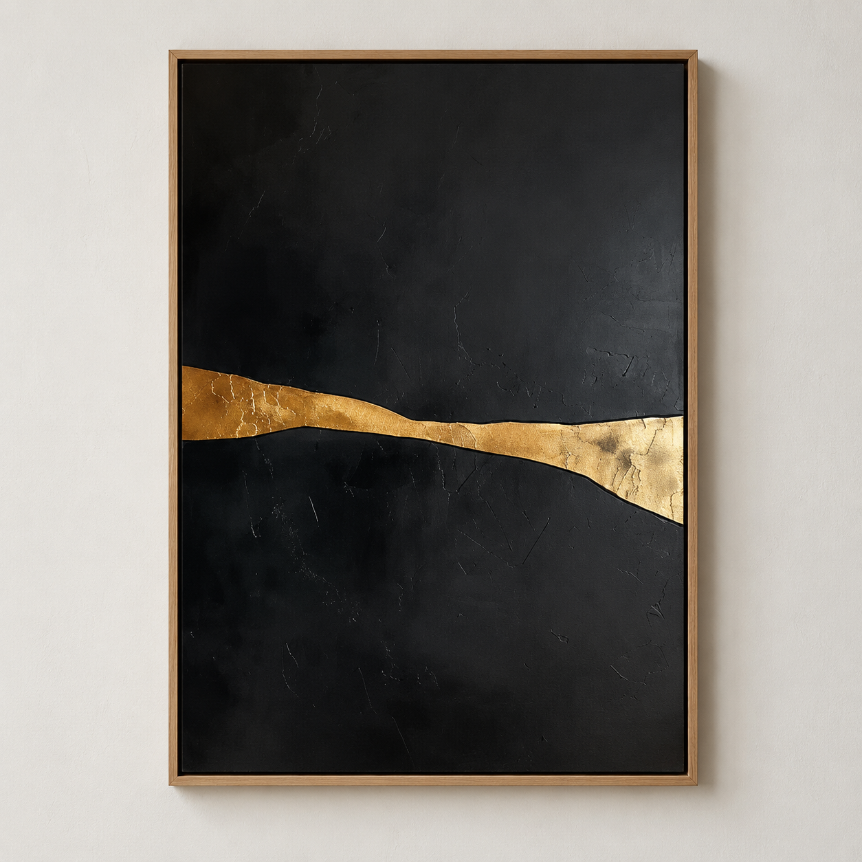 Golden Fault Line abstract landscape painting in an oak floater frame on a plain wall – Rossetti Art