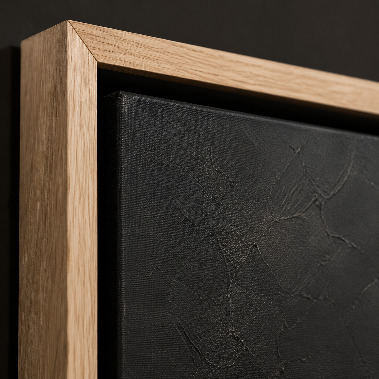 Close-up detail of the palette-knife texture and oak frame corner on Golden Fault Line – Rossetti Art