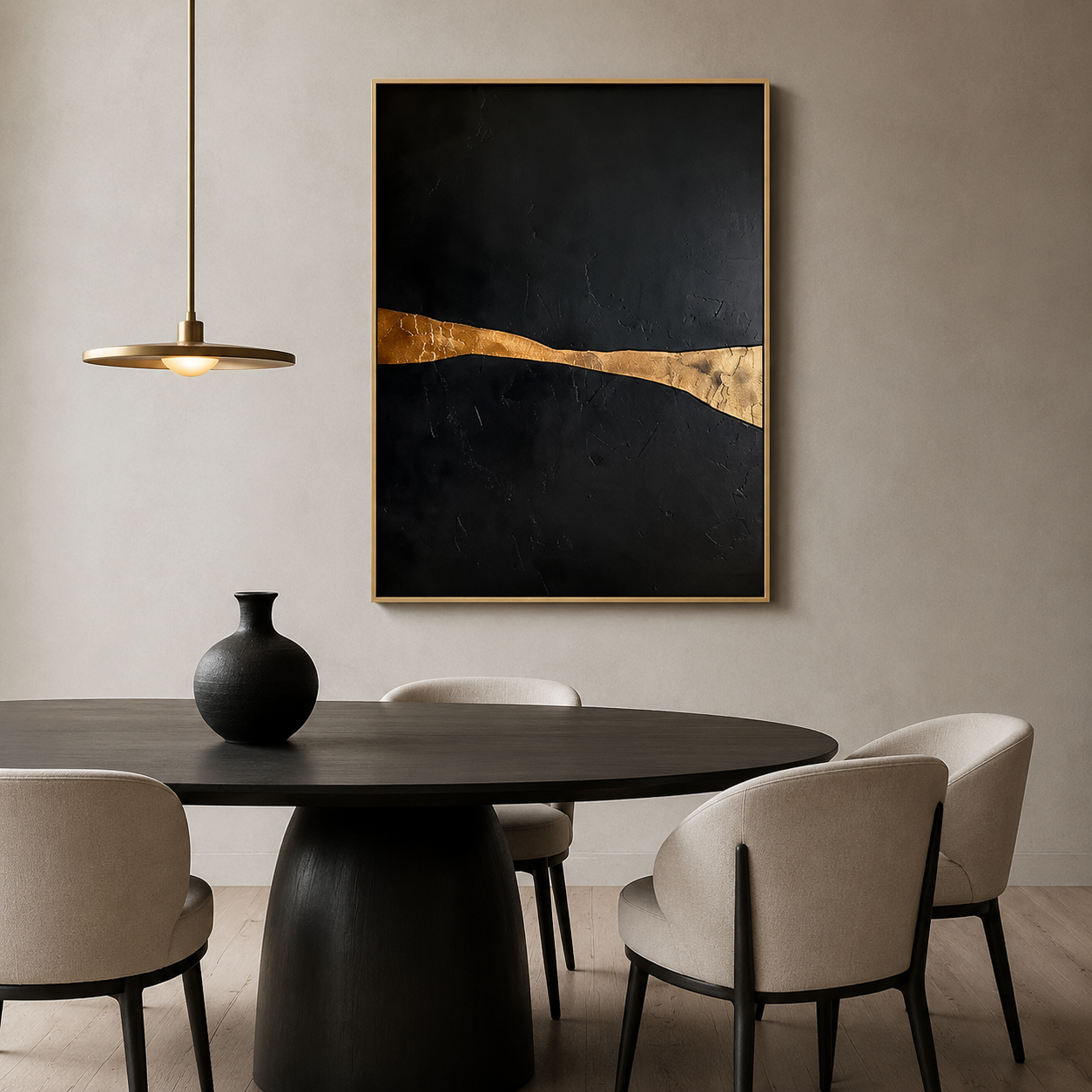 Golden Fault Line black and gold abstract painting hanging above a dining table – Rossetti Art
