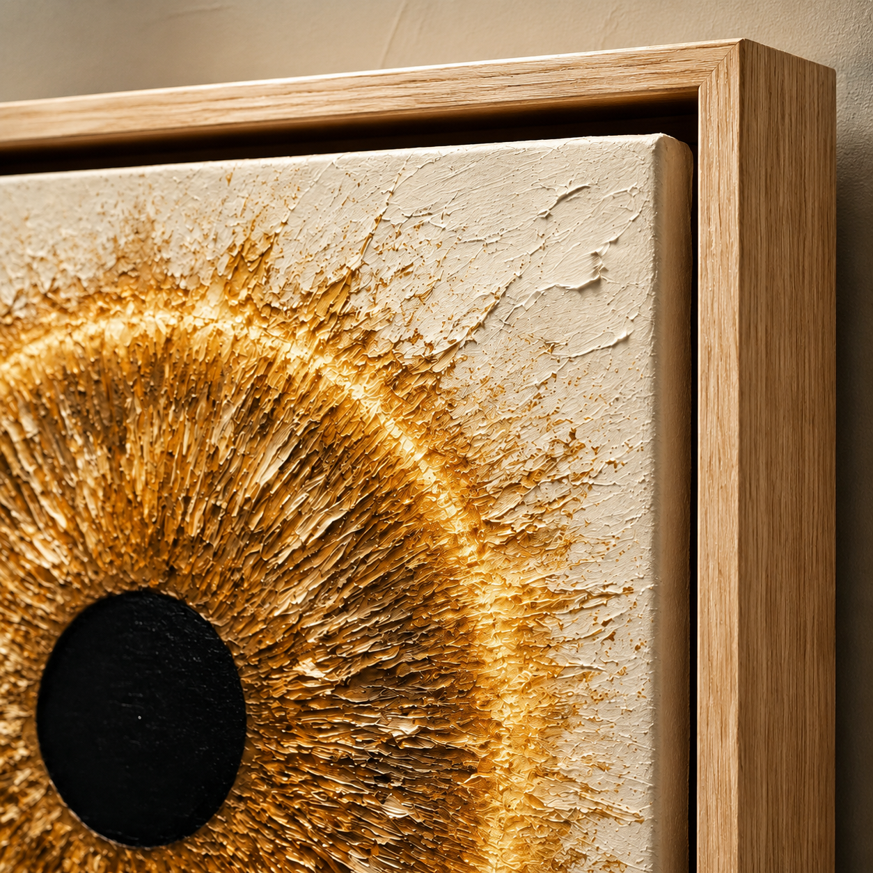 Close-up detail of the oak frame corner and gold palette-knife texture on the Solar Iris eye painting abstract
