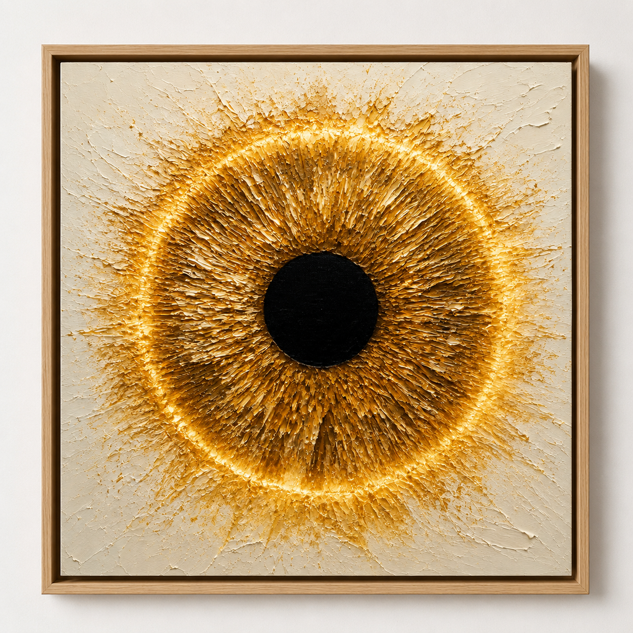 Eye painting abstract canvas print in an oak frame, clean studio shot — Solar Iris by Rossetti Art