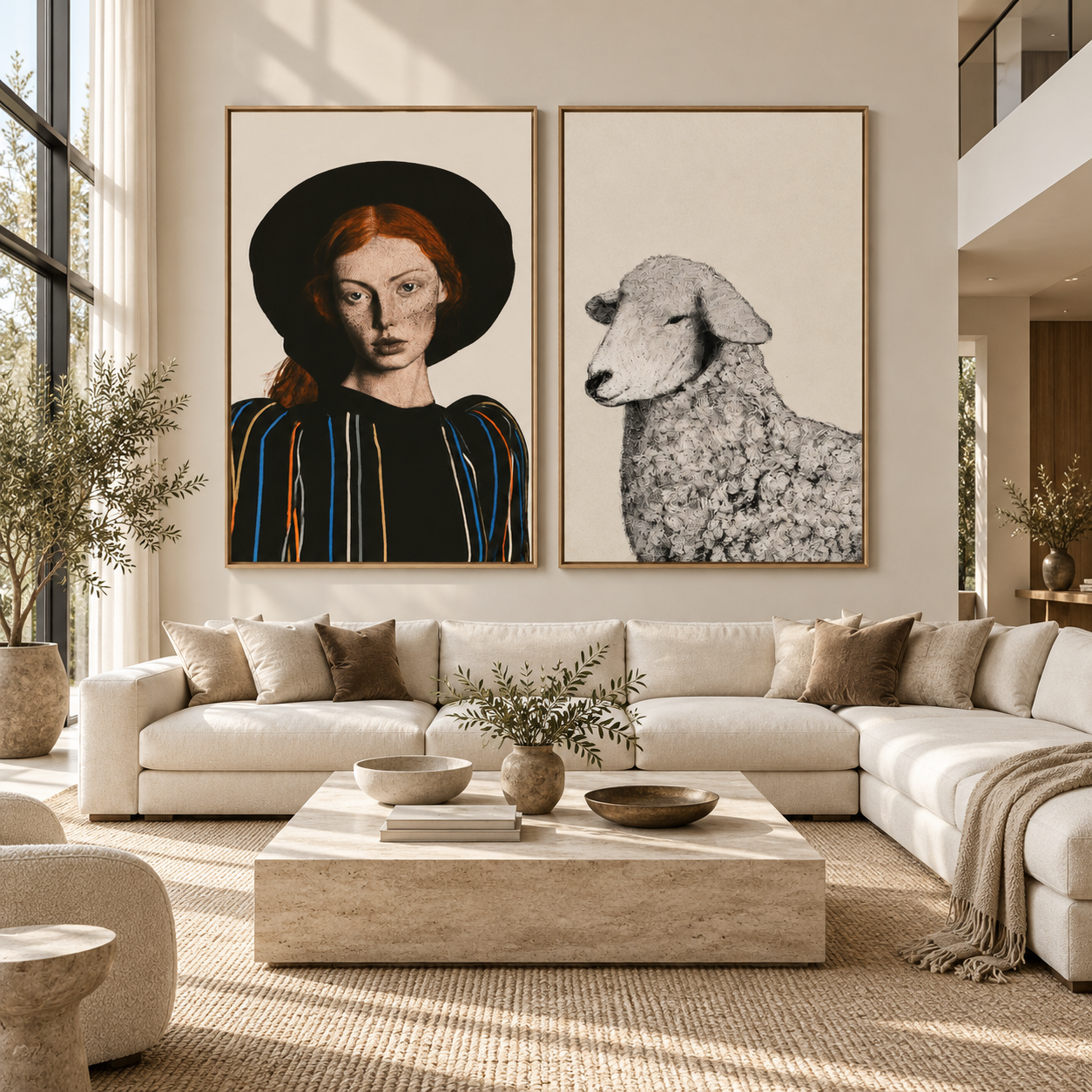 Sheep wall art and portrait canvas set displayed above a living room sofa – Muse & Meadow by Rossetti Art