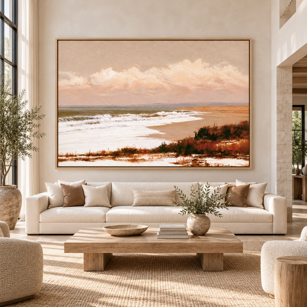 Beach painting set above a living room sofa – Dune Light by Rossetti Art