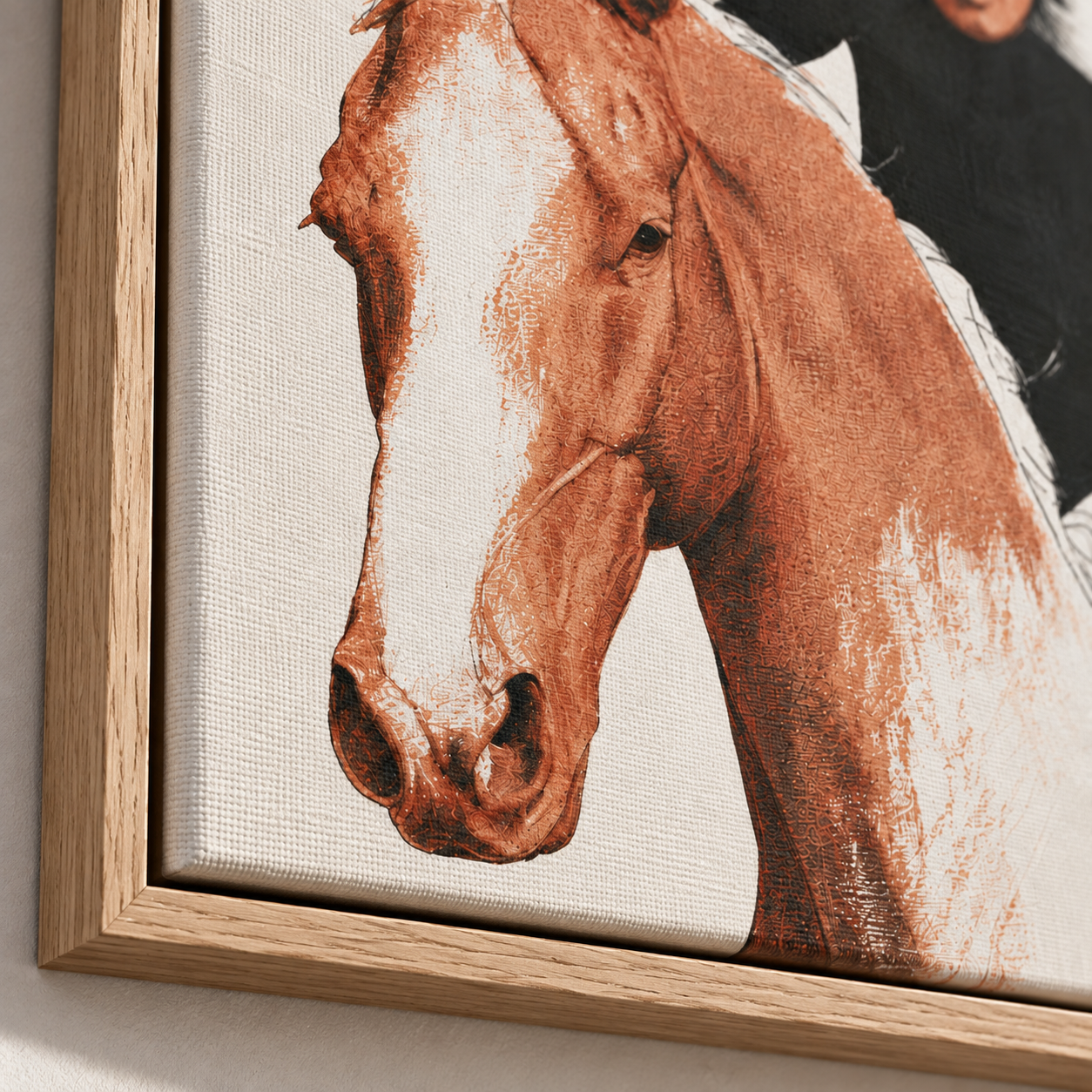 Close-up detail of the horse's face and oak floater frame – Golden Rein by Rossetti Art