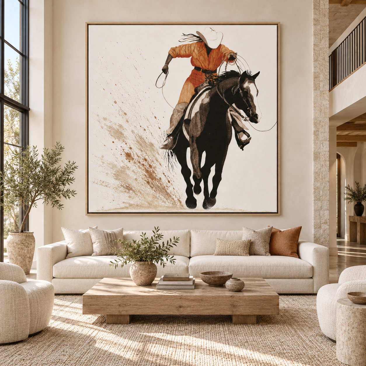 Cowboy painting hanging above a sofa in a living room – Rust and Rope by Rossetti Art