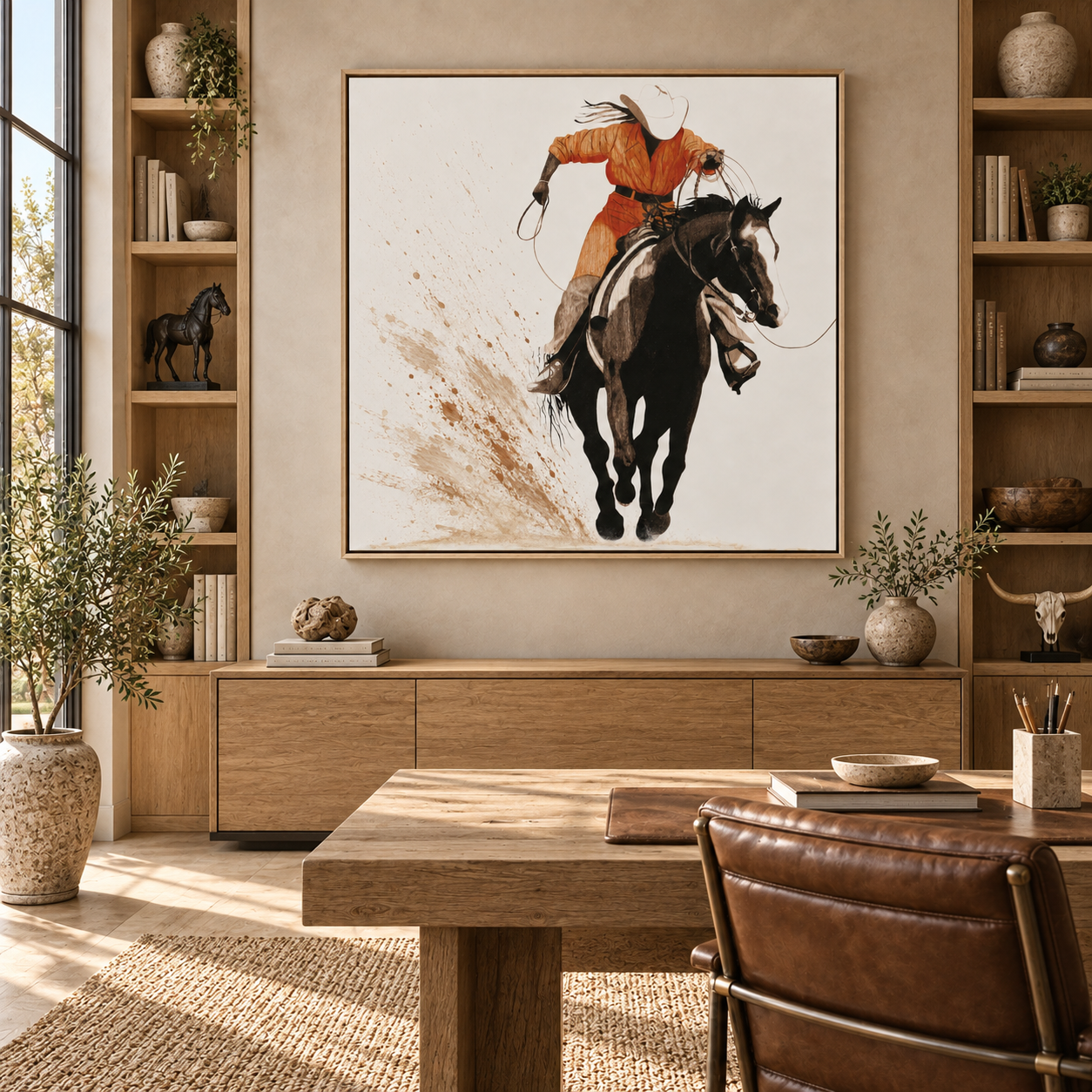Western cowboy painting displayed on a home office wall – Rust and Rope by Rossetti Art