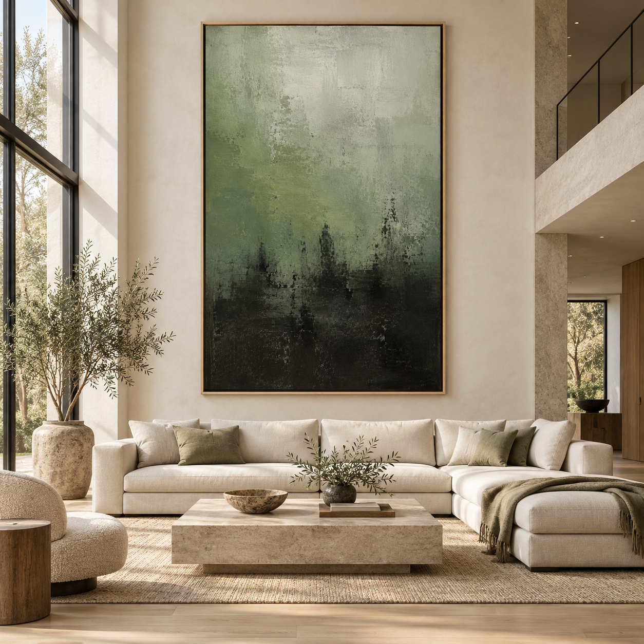 Moody abstract art canvas hanging above a sectional sofa in a living room – Verdigris Horizon by Rossetti Art