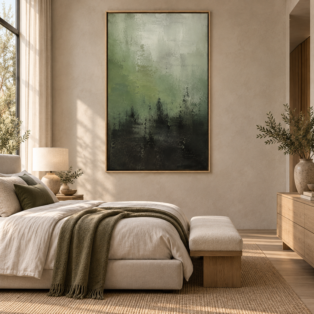 Sage green abstract canvas hanging above a bed in a bedroom – Verdigris Horizon by Rossetti Art