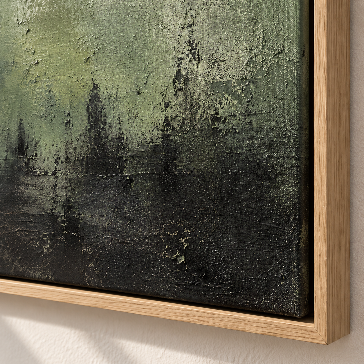 Close-up detail of the textured sage green and black brushwork on Verdigris Horizon by Rossetti Art