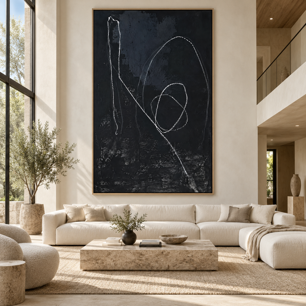 Minimalist abstract line drawing hanging above a sectional sofa in a living room – Loose Thread by Rossetti Art