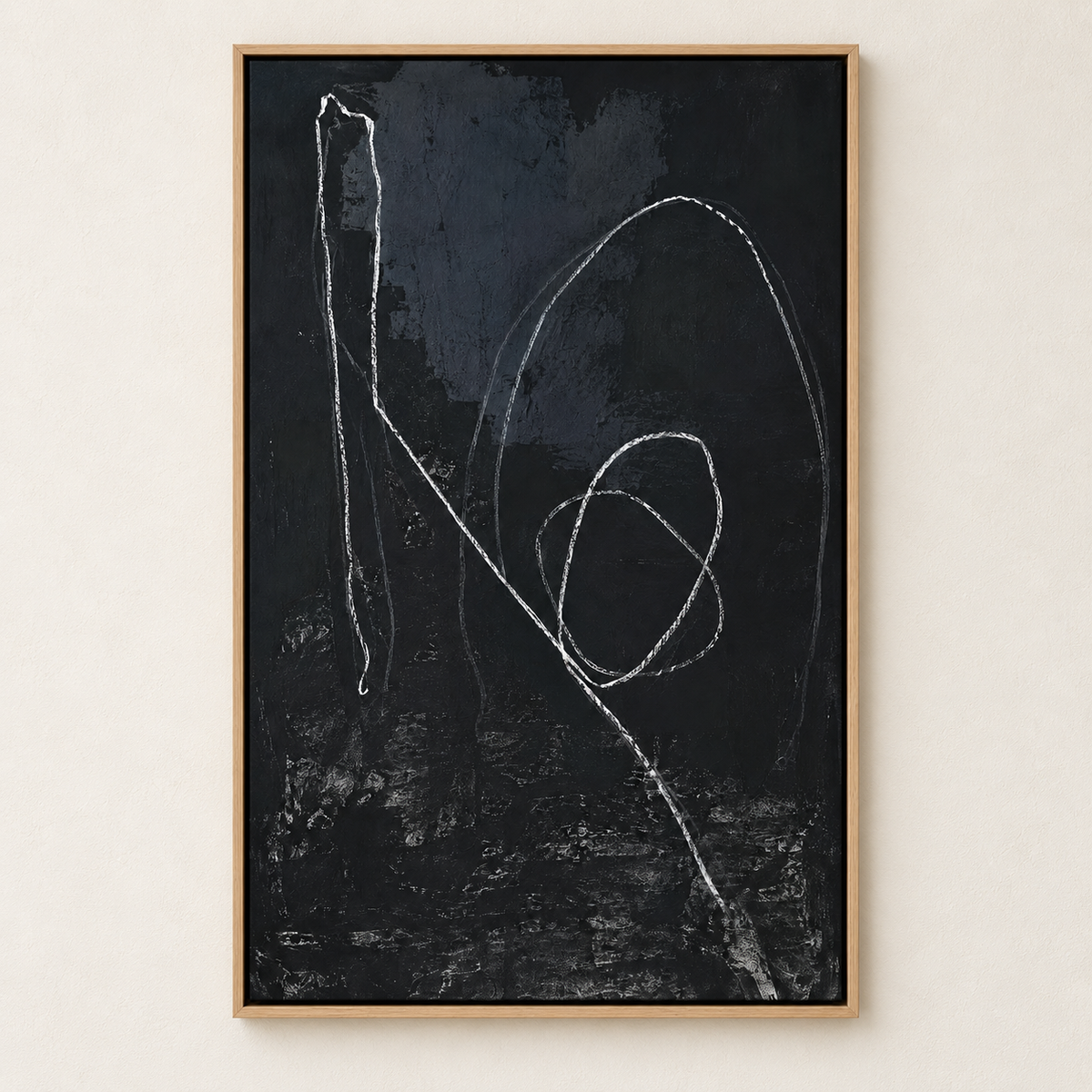 Abstract line drawing on black canvas shown on a plain wall – Loose Thread by Rossetti Art