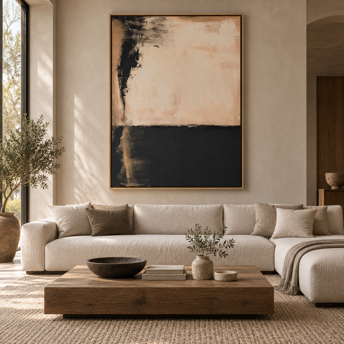 Black and beige painting – Ember Divide on a living room feature wall