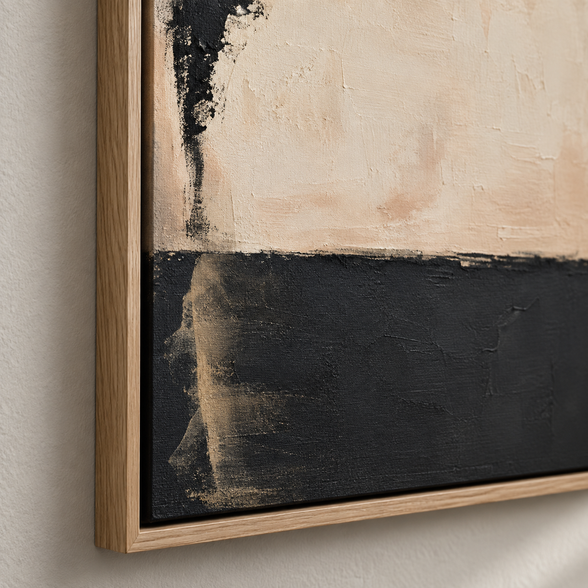 Textured detail of the black and beige painting Ember Divide by Rossetti Art