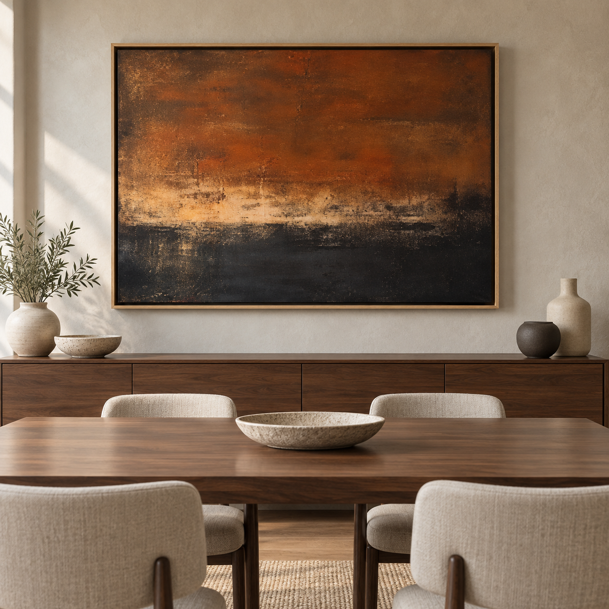 Desert sunset painting hung above a dining table in a warm neutral dining room – Scorched Horizon by Rossetti Art