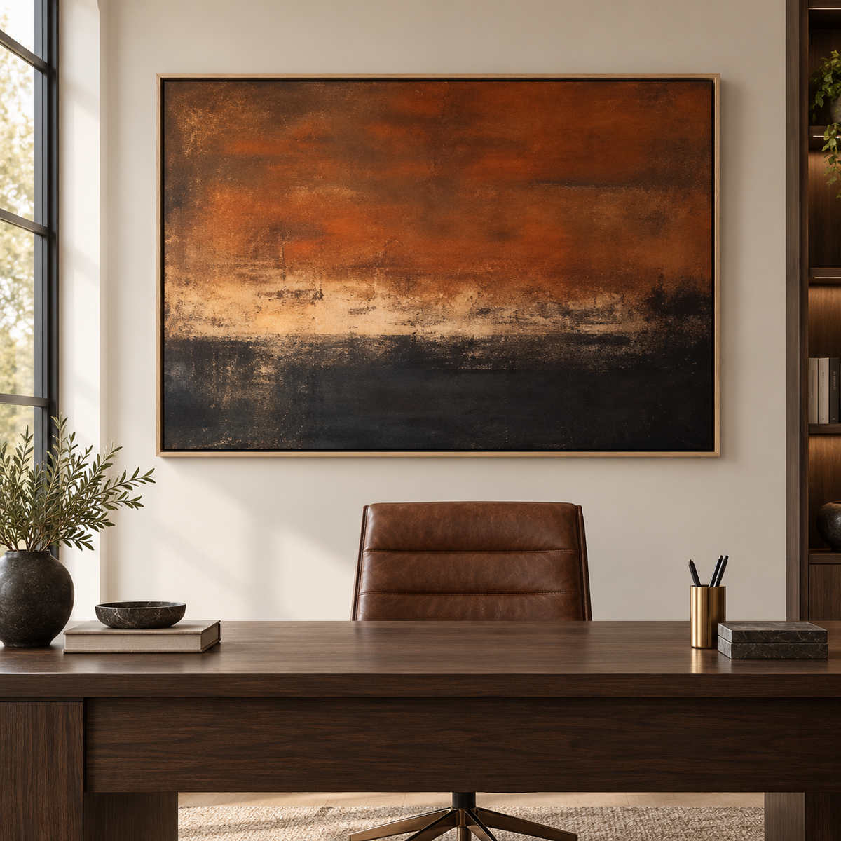 Desert sunset painting above a leather desk chair in a home office – Scorched Horizon by Rossetti Art