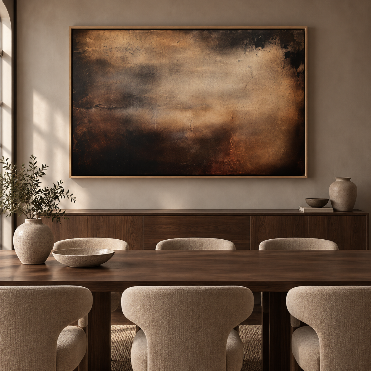 Abstract sky painting above a dining room sideboard – Ember Veil by Rossetti Art