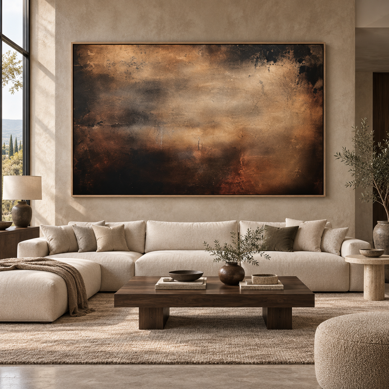Abstract sky painting above a living room sofa – Ember Veil by Rossetti Art
