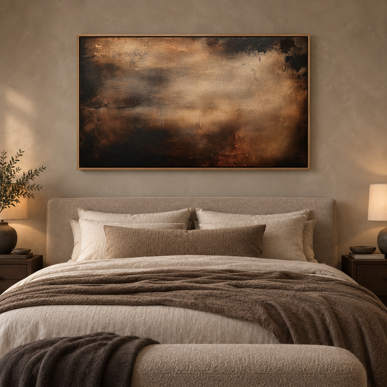 Abstract sky painting above a bedroom headboard – Ember Veil by Rossetti Art